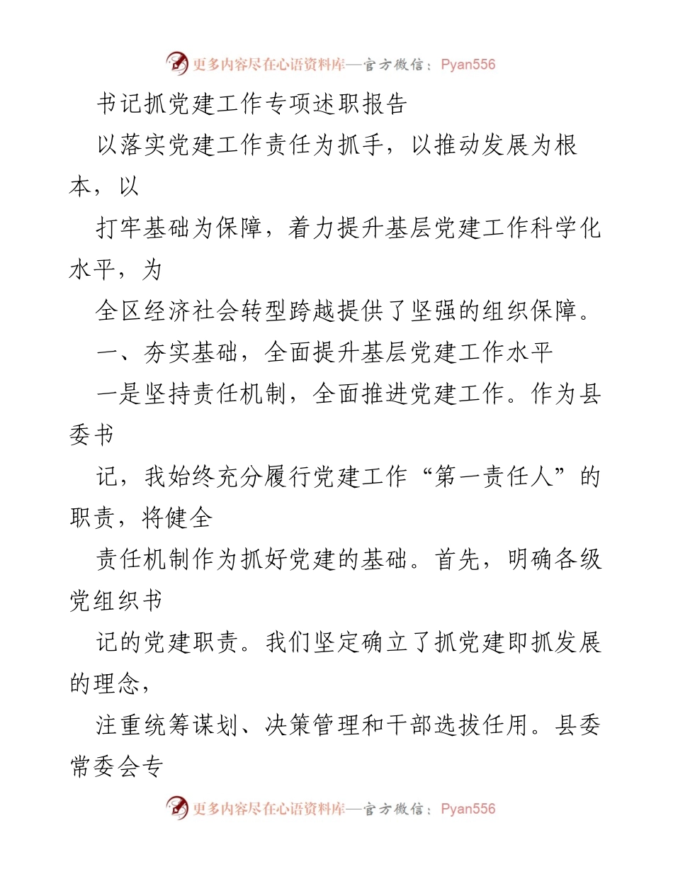 [发言] 党建工作专项述职 - 加强党建责任落实，推动经济社会转型.docx_第1页