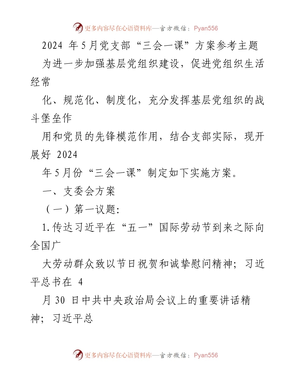 [发言] 党支部会议 - 2024年5月党支部“三会一课”实施方案解读.docx_第1页