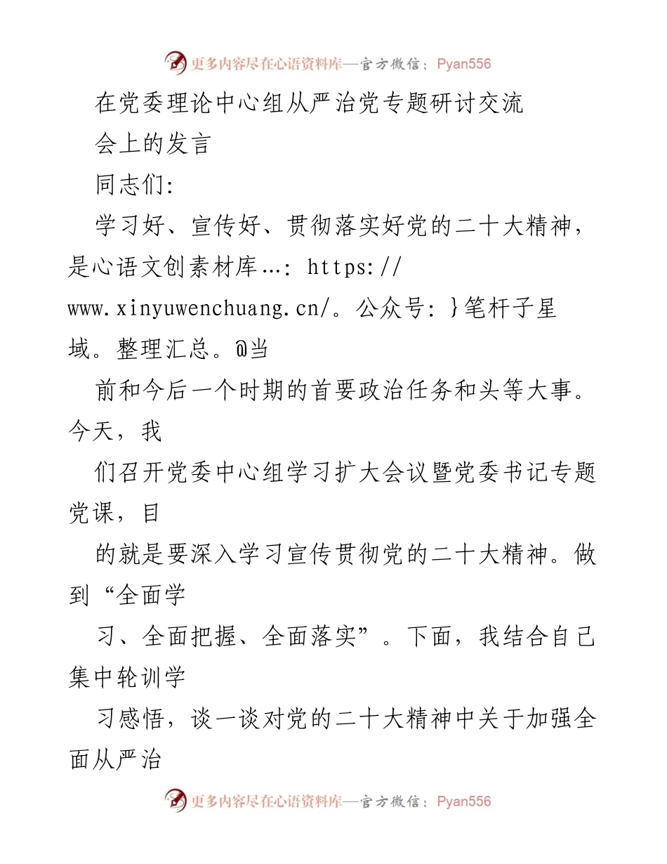 [发言] 党委理论中心组专题研讨会 - 深入学习贯彻党的二十大精神，践行全面从严治党责任.docx_第1页