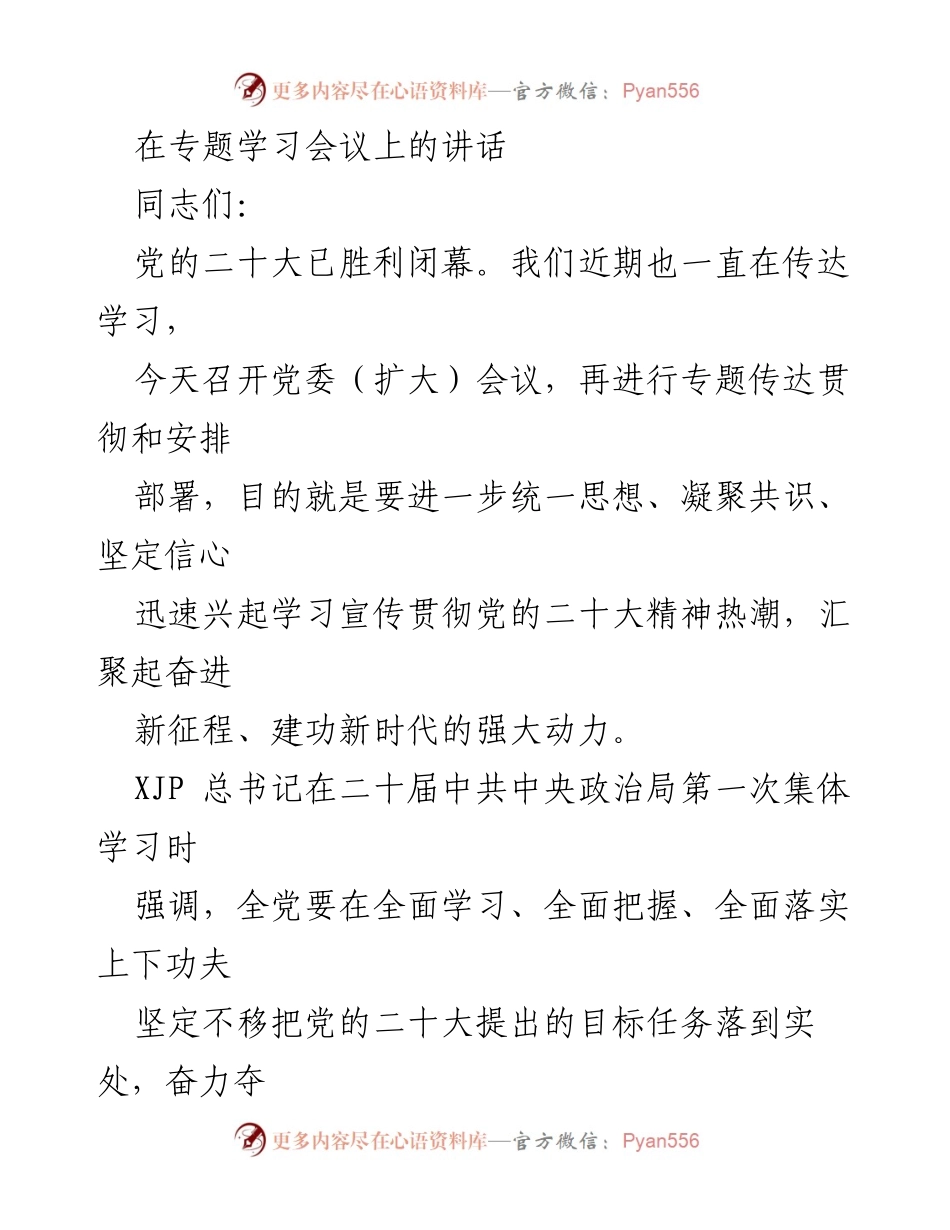 [发言] 党委（扩大）会议 - 深入学习贯彻党的二十大精神的讲话.docx_第1页