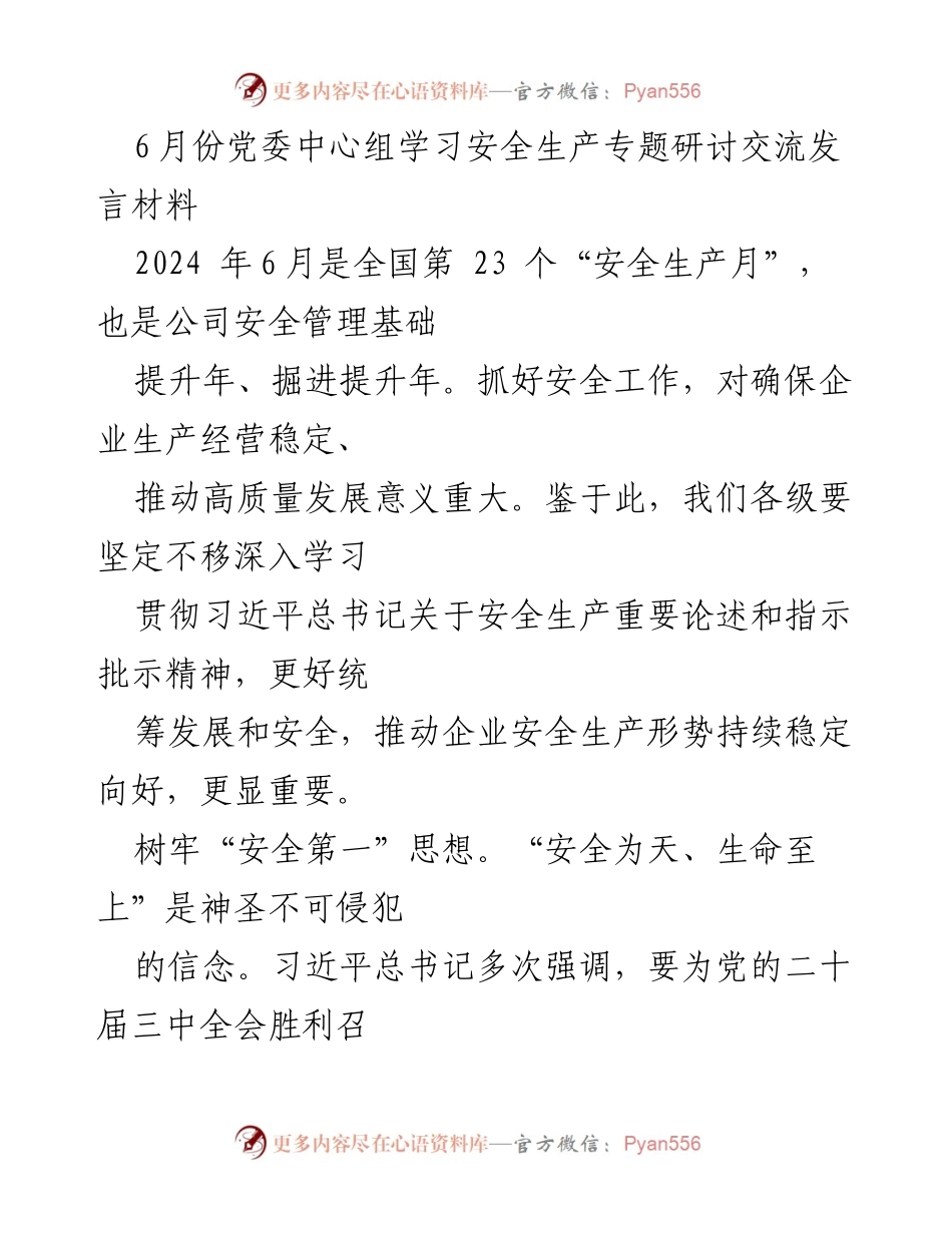 [发言] 党委中心组学习 - 安全生产月专题研讨发言材料_1.docx_第1页