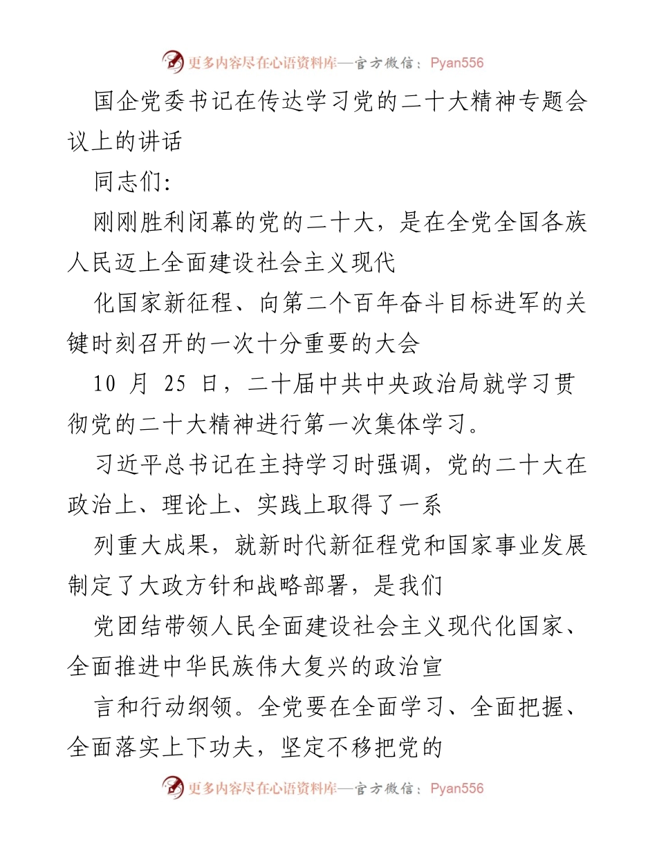 [发言] 党的二十大精神学习专题会议 - 深刻把握党的二十大精神的重要意义.docx_第1页