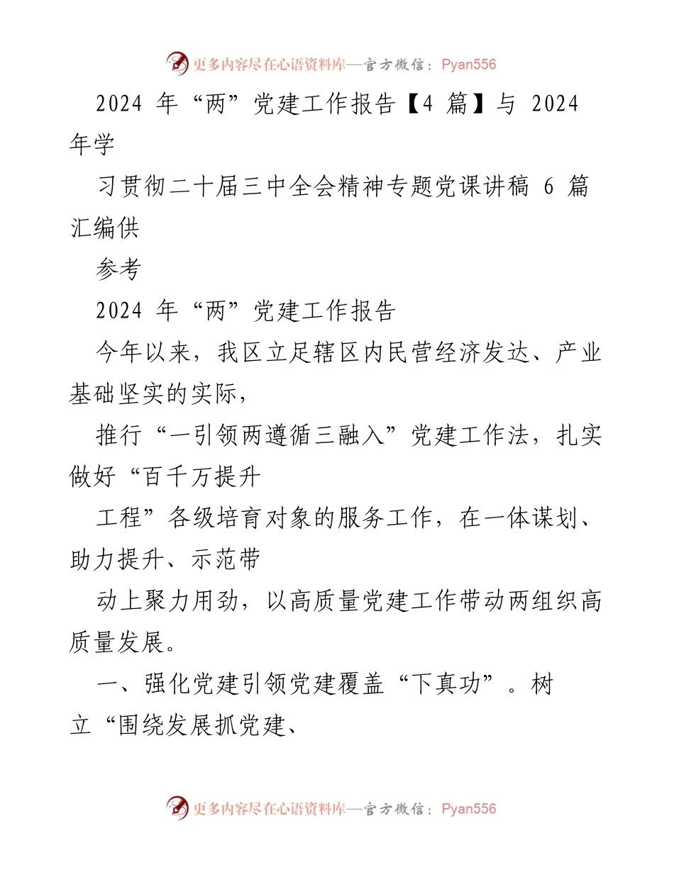 [发言] 党建工作会议 - 2024年“两”党建工作报告与学习贯彻二十届三中全会精神的总结.docx_第1页