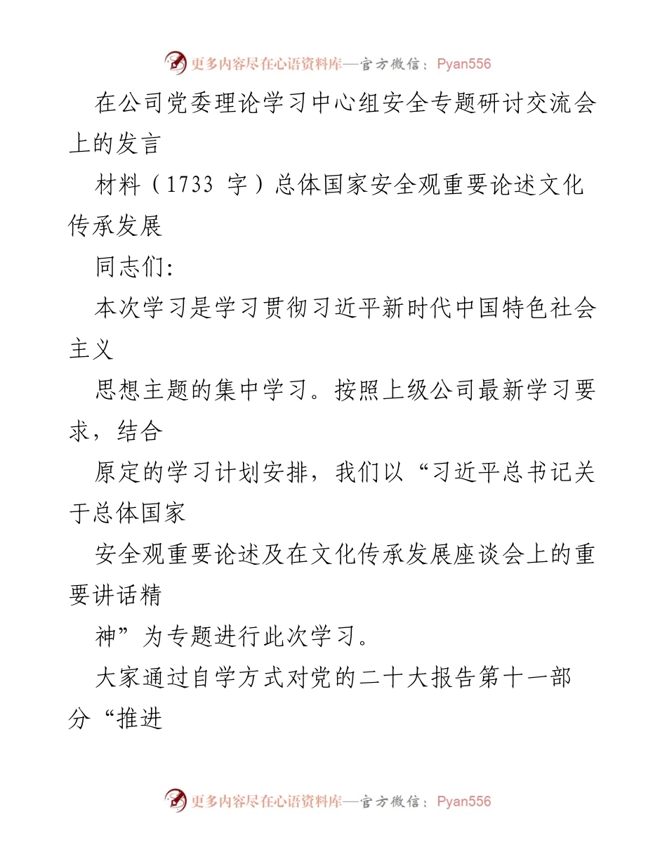 [发言] 党委理论学习中心组安全专题研讨交流会 - 深入学习总体国家安全观，推动高质量发展与安全并重.docx_第1页
