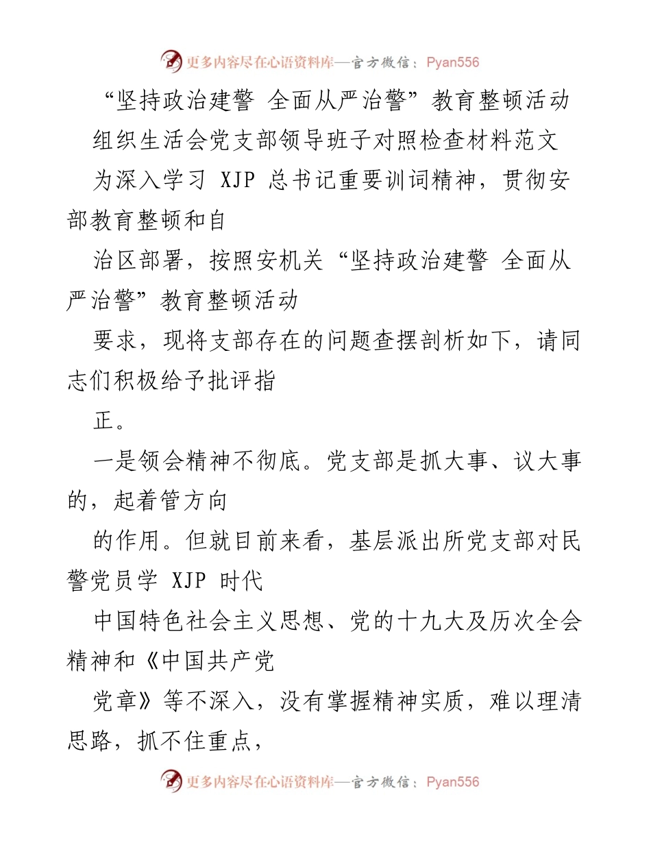 [发言] 党支部组织生活会 - 加强基层党支部建设，落实全面从严治警要求.docx_第1页