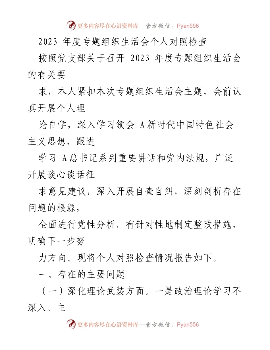[发言] 党支部年度组织生活会 - 2023年度个人对照检查报告.docx_第1页