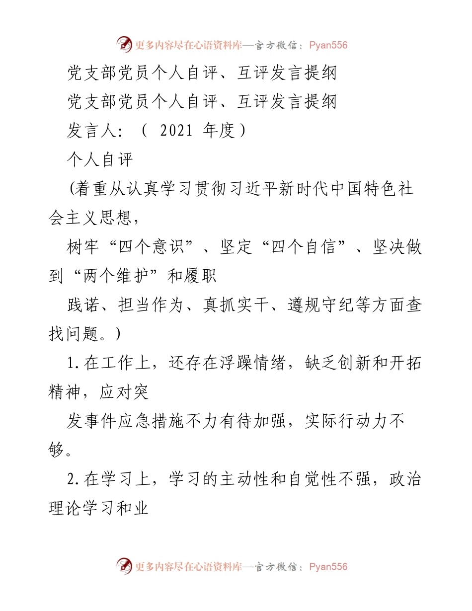 [发言] 党支部年度自评会议 - 党员个人自评与互评发言提纲.docx_第1页