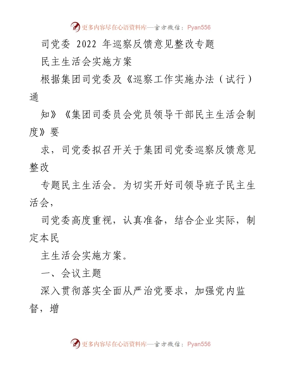 [发言] 党委民主生活会 - 2022年巡察反馈意见整改专题民主生活会实施方案.docx_第1页
