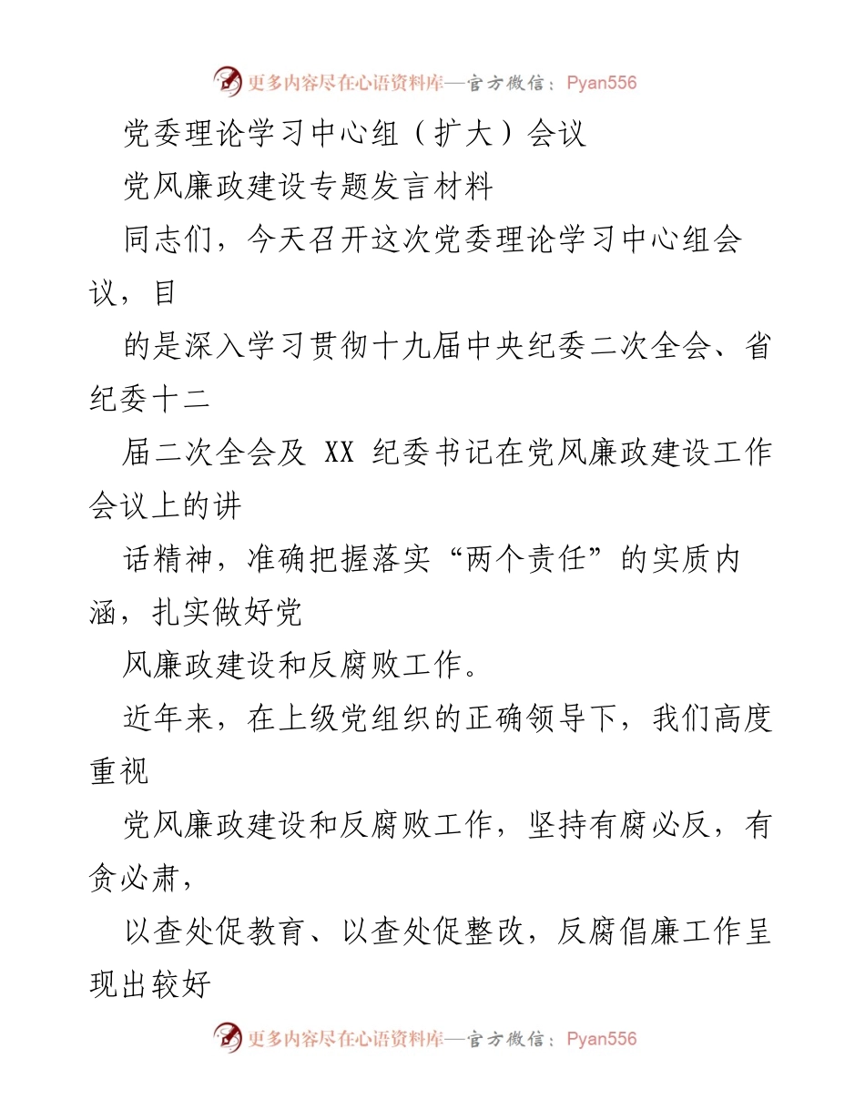 [发言] 党委理论学习中心组（扩大）会议 - 深入学习贯彻党风廉政建设与反腐败工作的重要性.docx_第1页