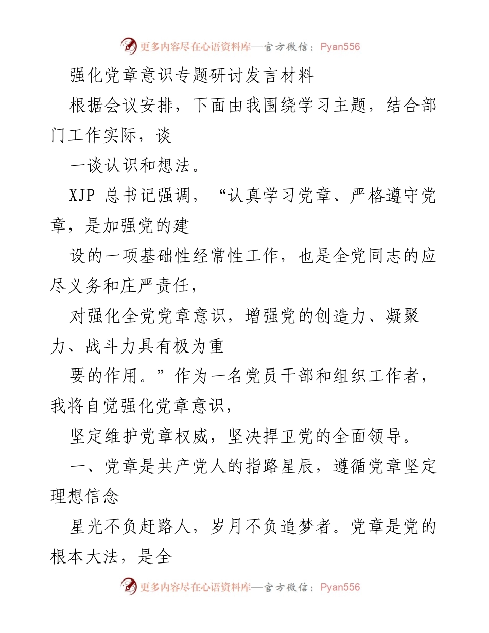 [发言] 党章意识强化专题研讨会 - 强化党章意识，坚定理想信念与行动指南.docx_第1页