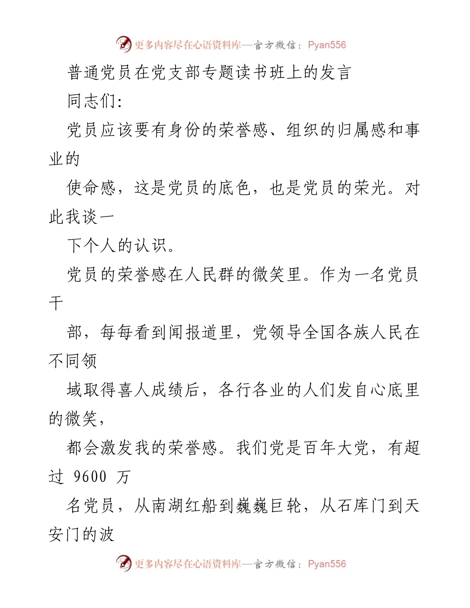 [发言] 党支部专题读书班 - 党员的荣誉感、归属感与使命感.docx_第1页