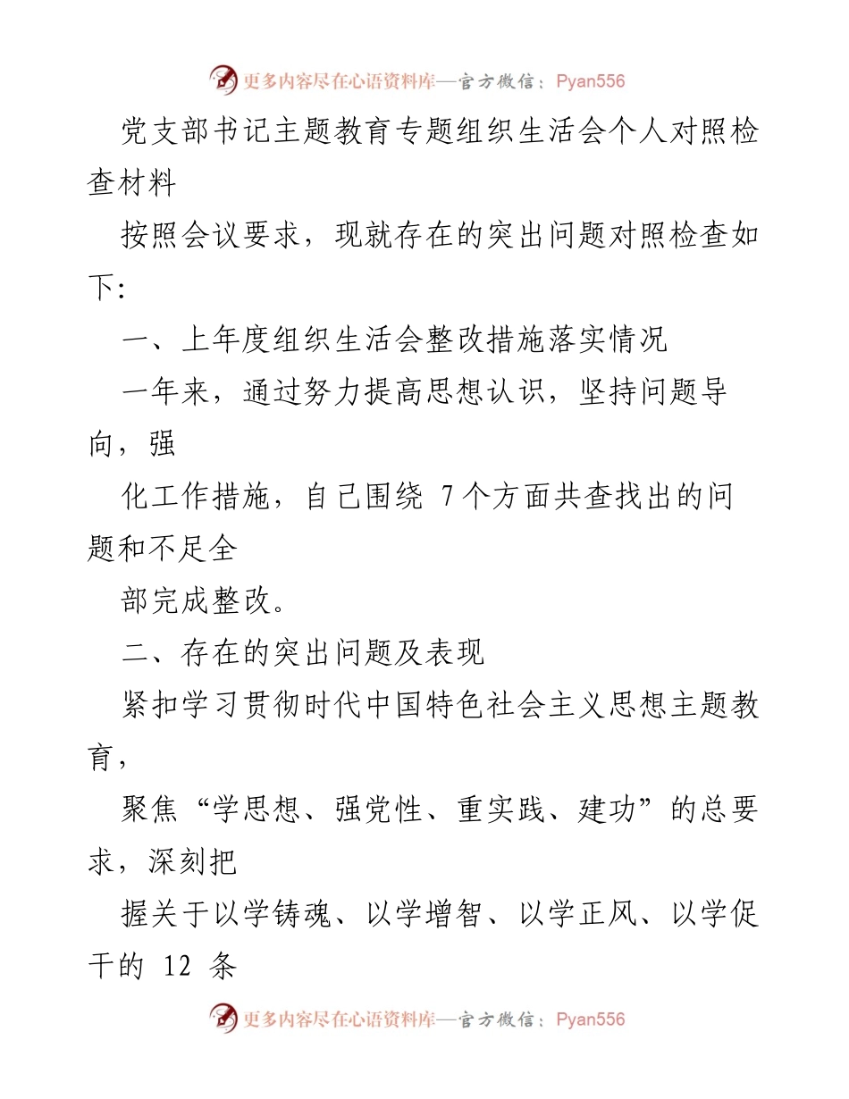 [发言] 党支部书记主题教育专题组织生活会 - 个人对照检查与整改措施总结.docx_第1页