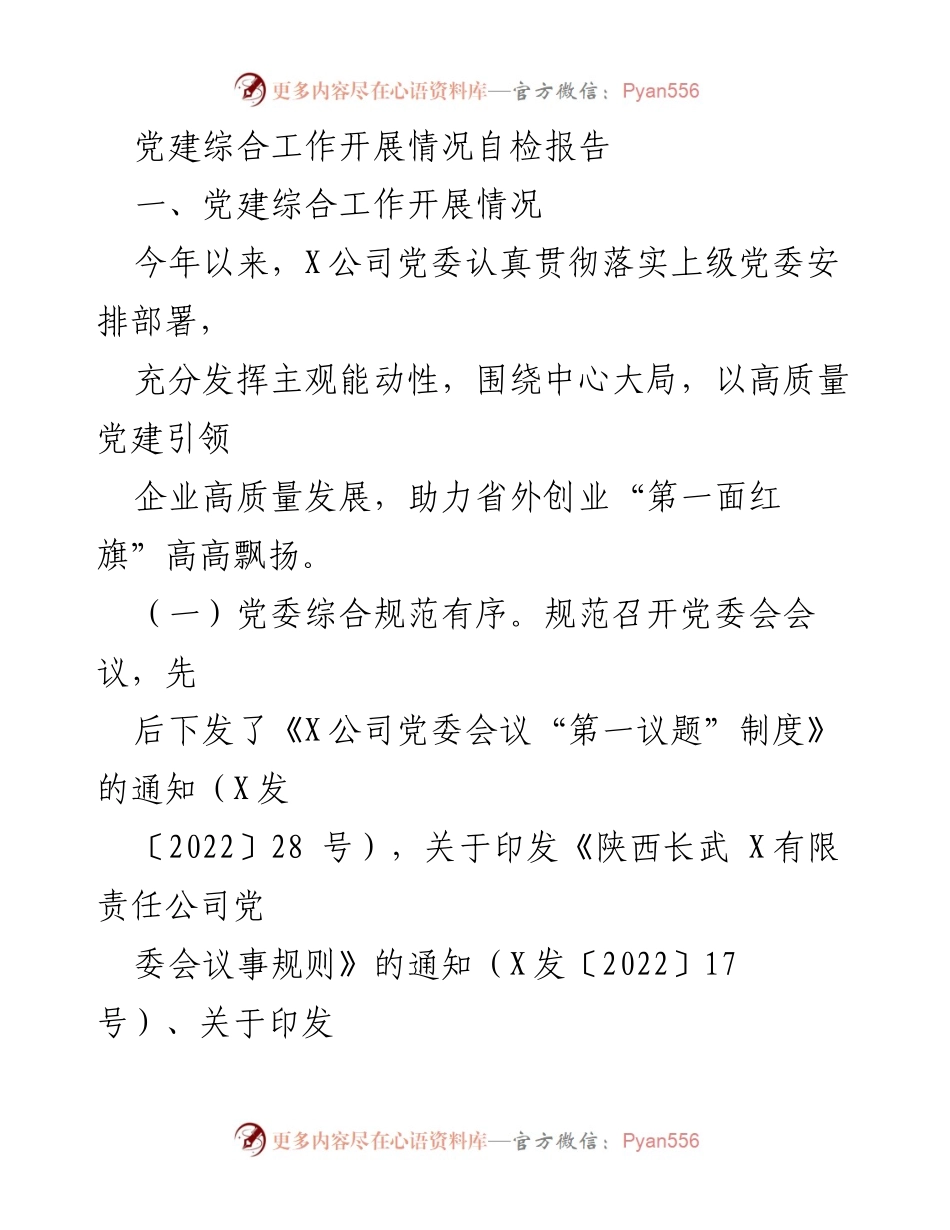 [发言] 党建工作总结 - 党建综合工作开展情况自检报告.docx_第1页