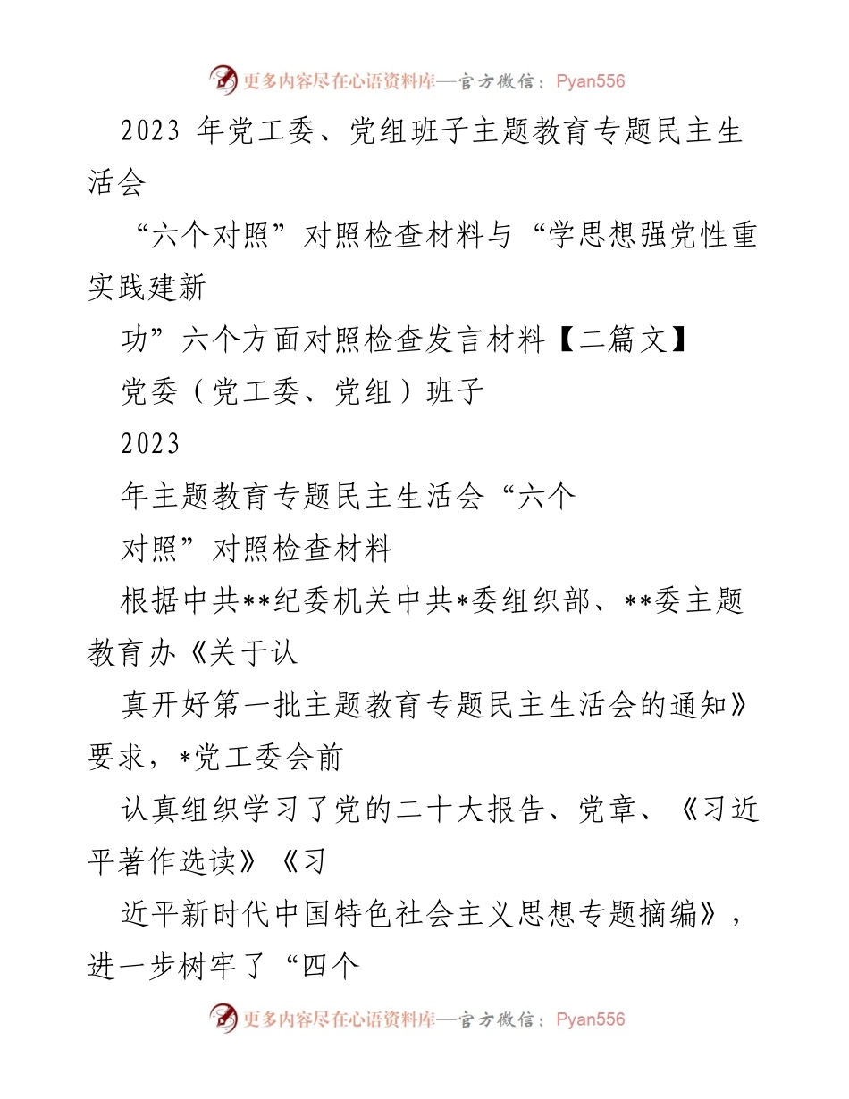 [发言] 党工委、党组班子民主生活会 - 2023年主题教育专题民主生活会对照检查发言材料.docx_第1页