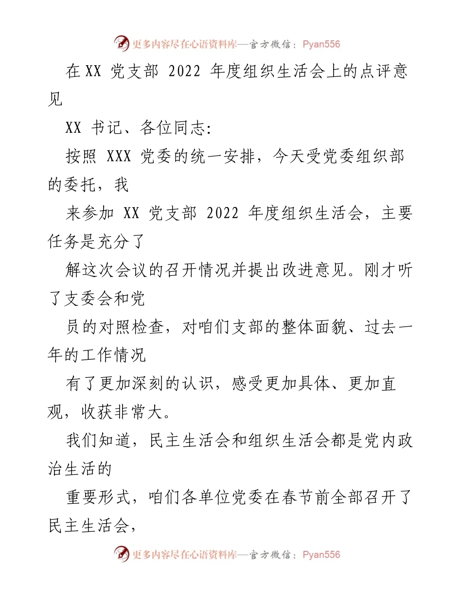 [发言] 党支部年度组织生活会 - 2022年度组织生活会点评与改进意见.docx_第1页