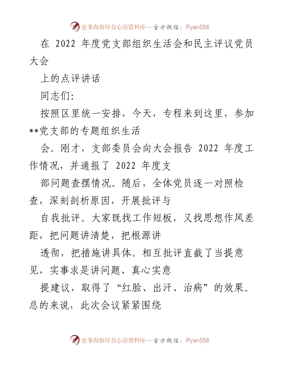 [发言] 党支部组织生活会 - 2022年度党支部组织生活会点评讲话_1.docx_第1页