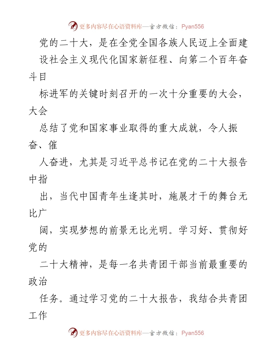 [发言] 党的二十大精神学习会 - 深入学习贯彻党的二十大精神，激励共青团干部奋进新征程.docx_第1页