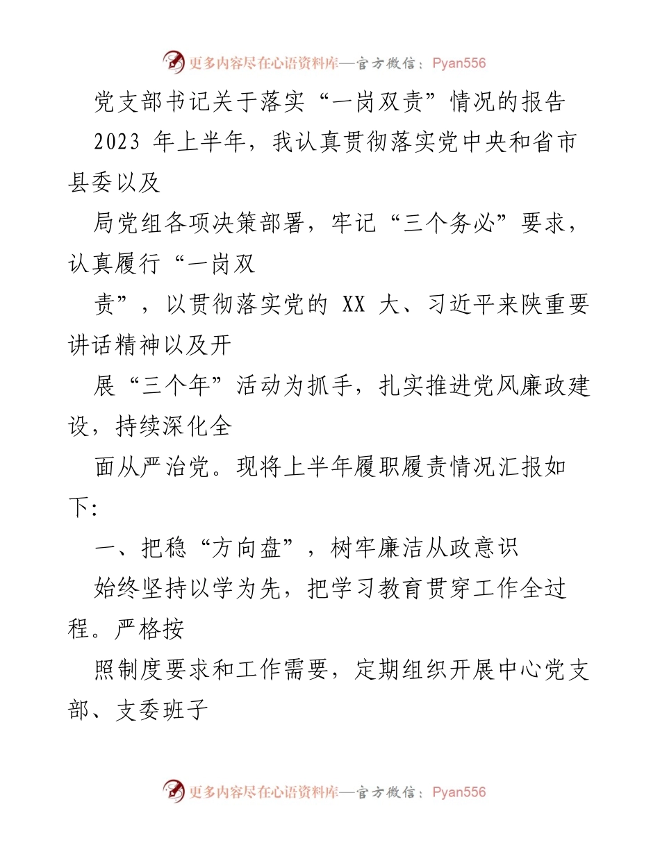 [发言] 党支部会议 - 关于落实“一岗双责”的情况汇报.docx_第1页