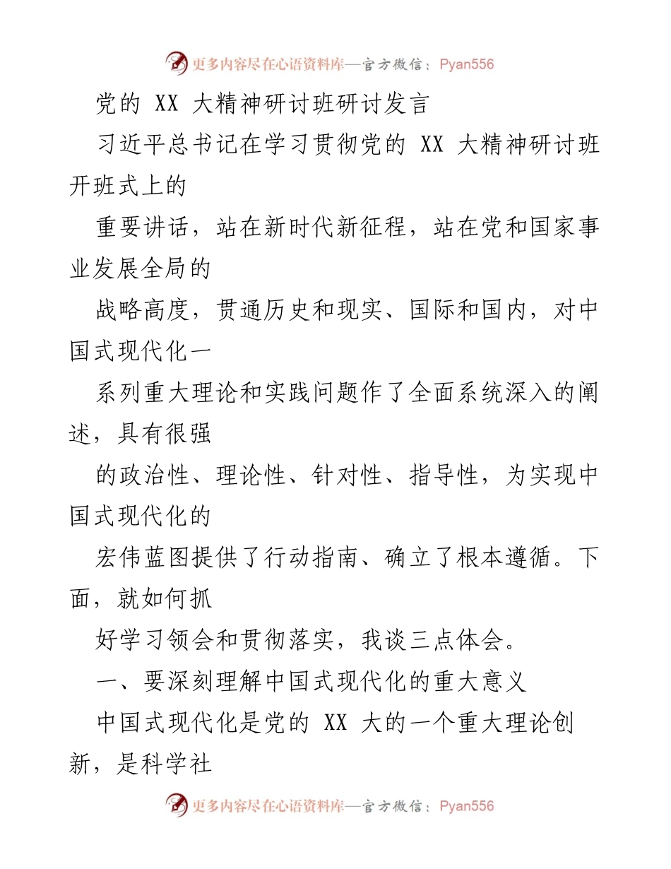 [发言] 党的 XX 大精神研讨班 - 深刻理解与推进中国式现代化的实践与原则.docx_第1页