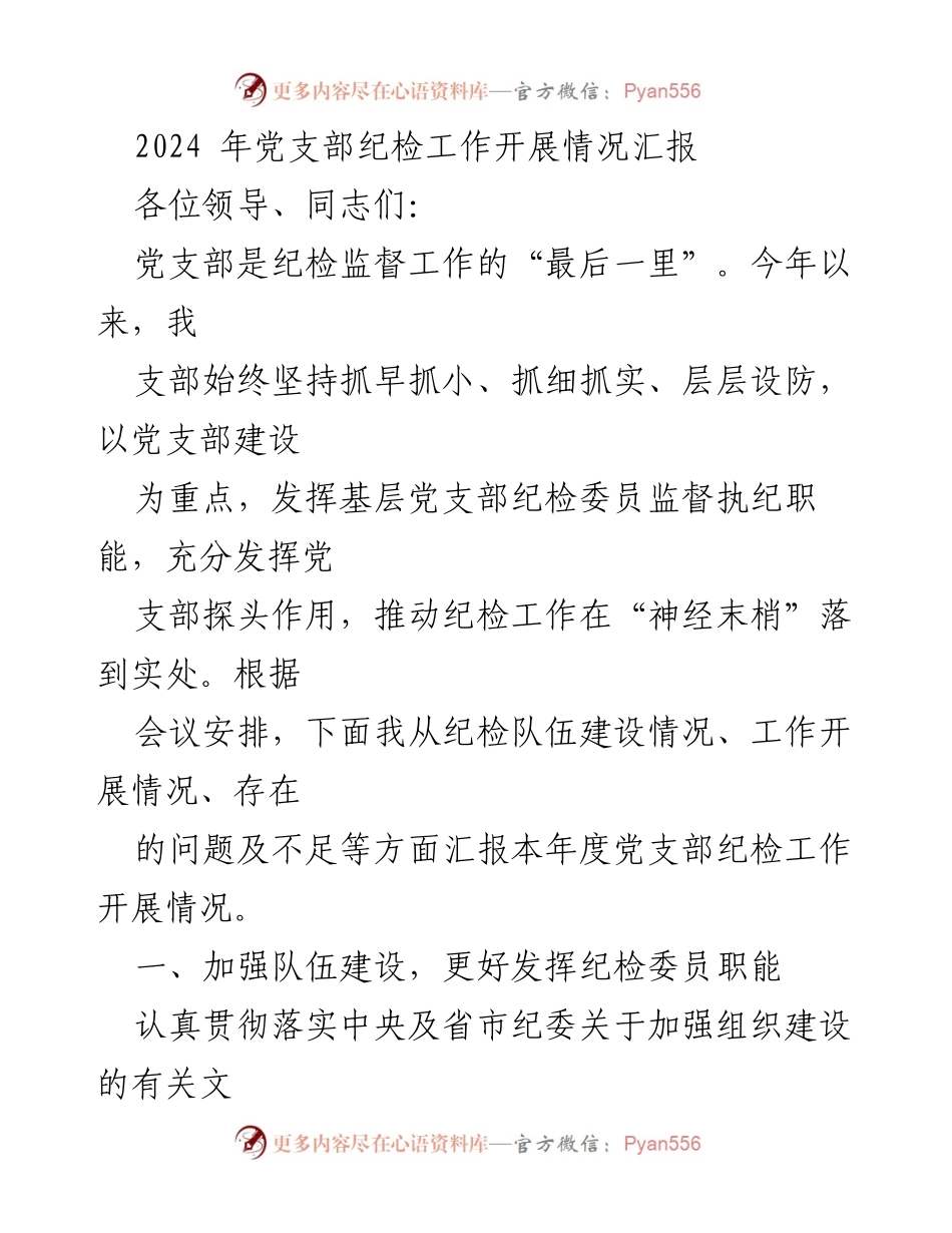 [发言] 党支部纪检工作会议 - 2024年党支部纪检工作开展情况汇报.docx_第1页