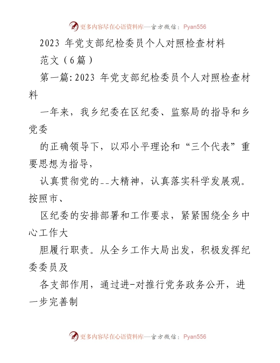 [发言] 党支部会议 - 2023年党支部纪检委员个人对照检查材料总结.docx_第1页