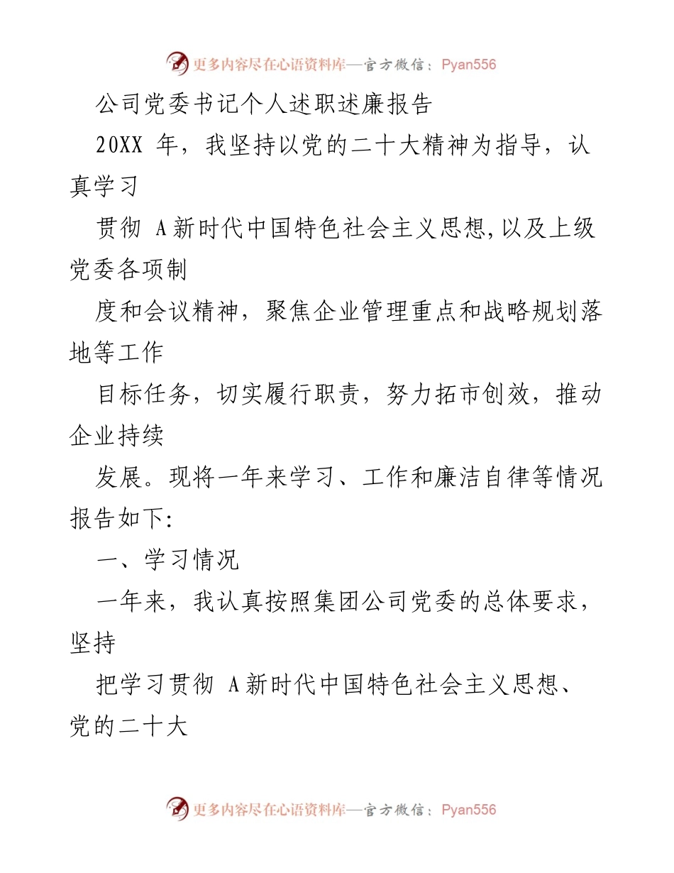 [发言] 党委工作总结 - 公司党委书记年度述职述廉报告.docx_第1页