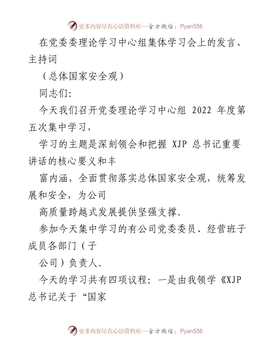 [发言] 党委理论学习中心组集中学习会 - 深刻领会总体国家安全观的重要性与落实措施.docx_第1页