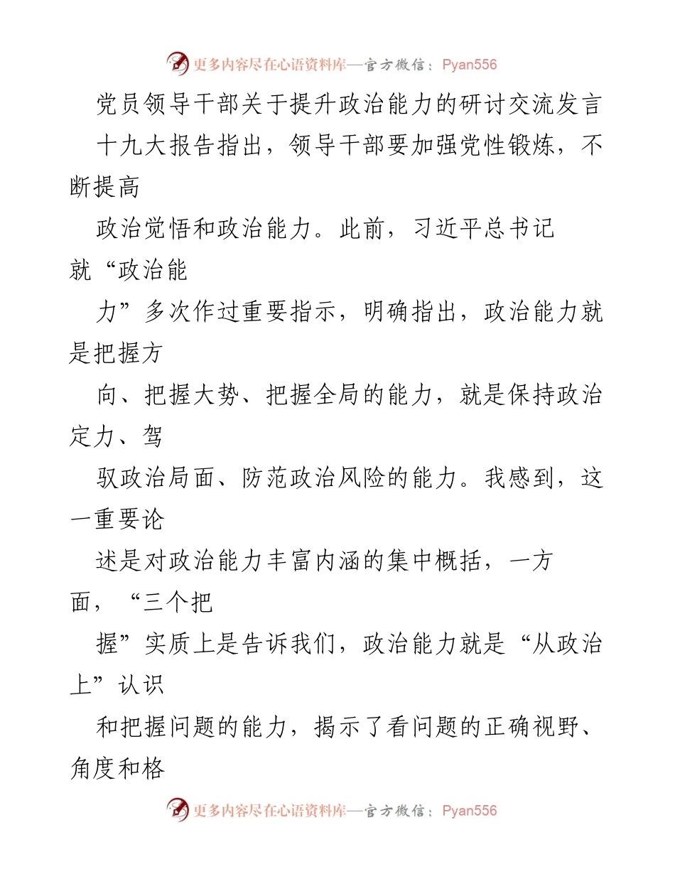 [发言] 党员领导干部研讨会 - 提升政治能力的重要性与实践体会.docx_第1页