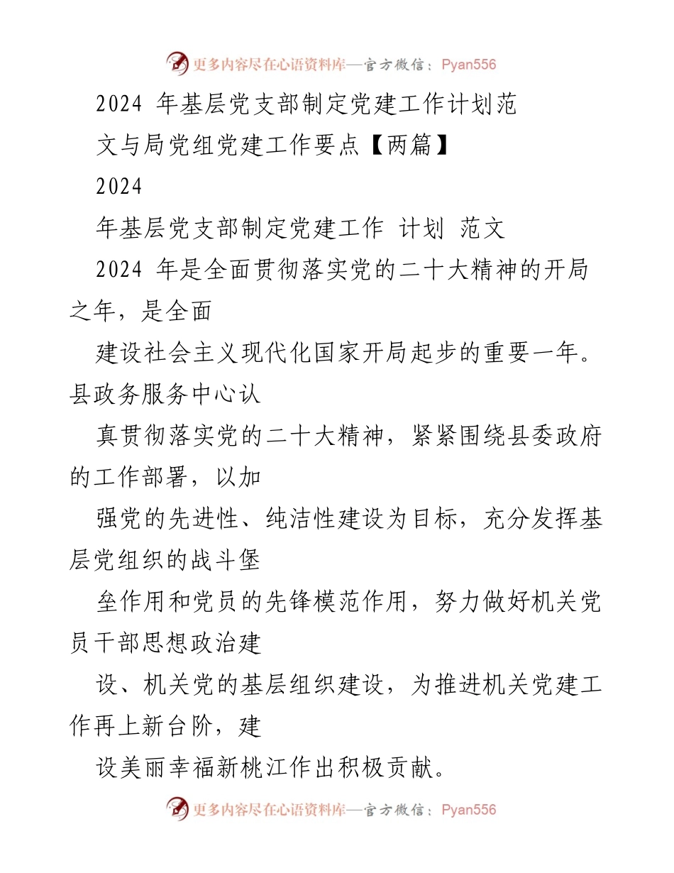 [发言] 党建工作会议 - 2024年基层党支部党建工作计划与要点解读.docx_第1页