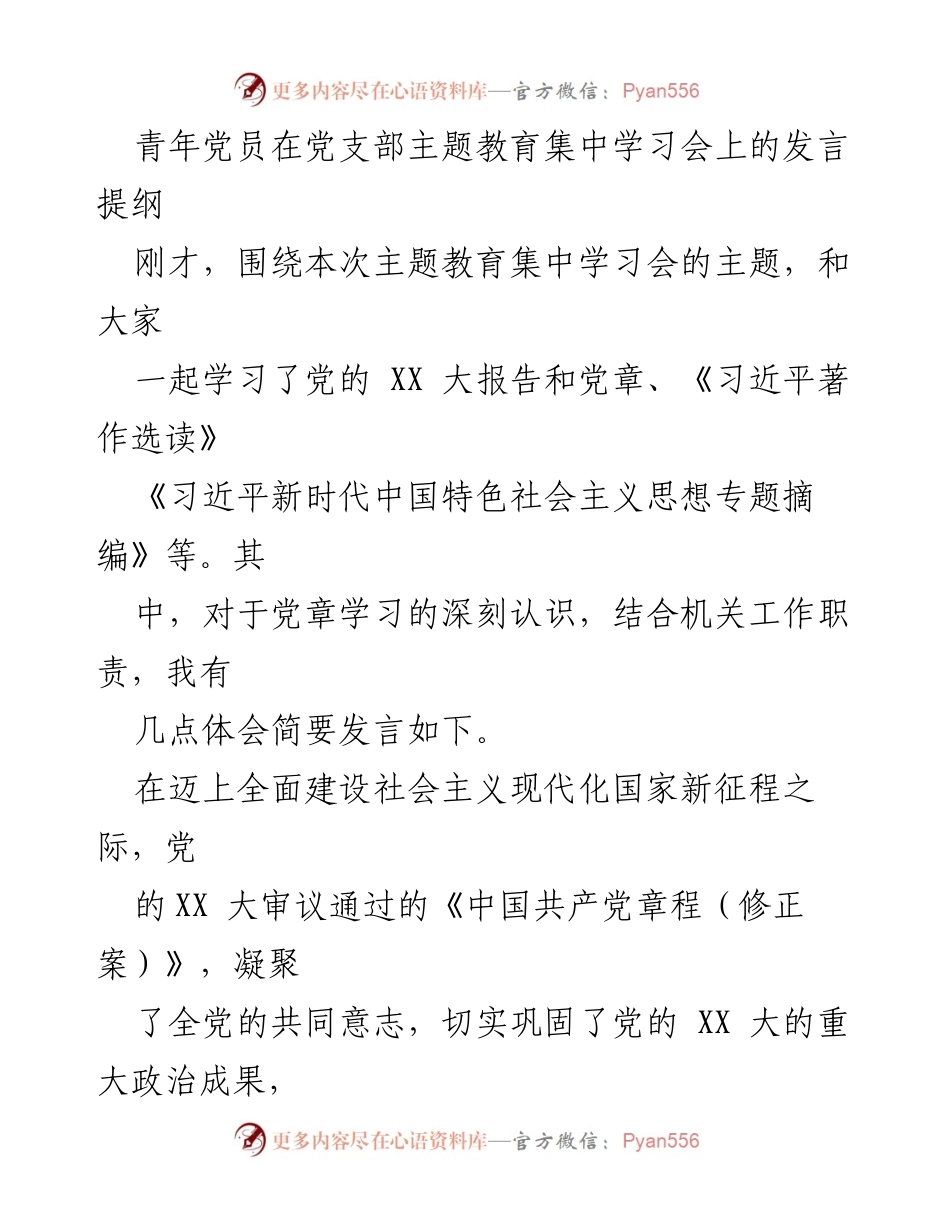 [发言] 党支部主题教育集中学习会 - 深刻理解《党章》与党员责任.docx_第1页