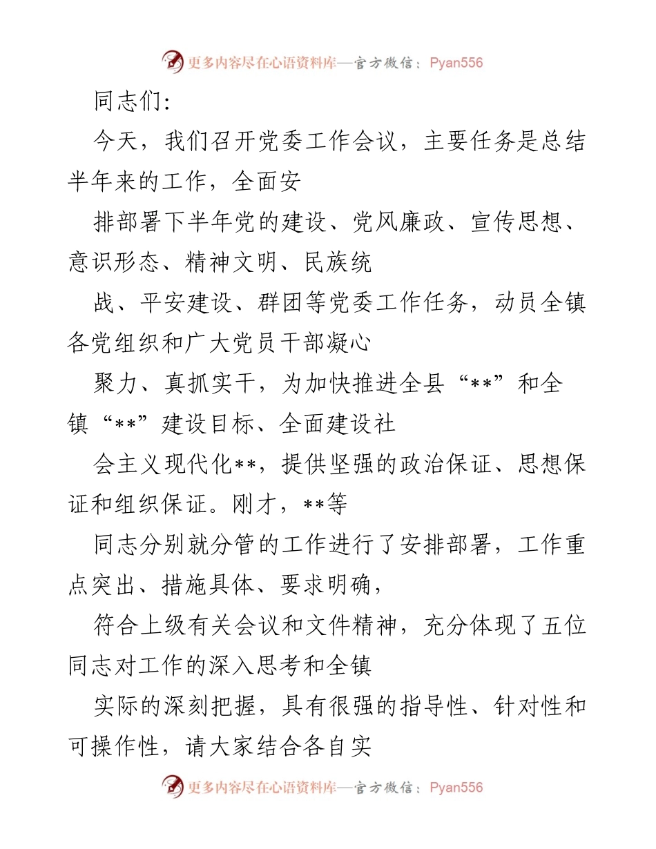 [发言] 党委工作会议 - 半年工作总结与下半年任务部署.docx_第1页