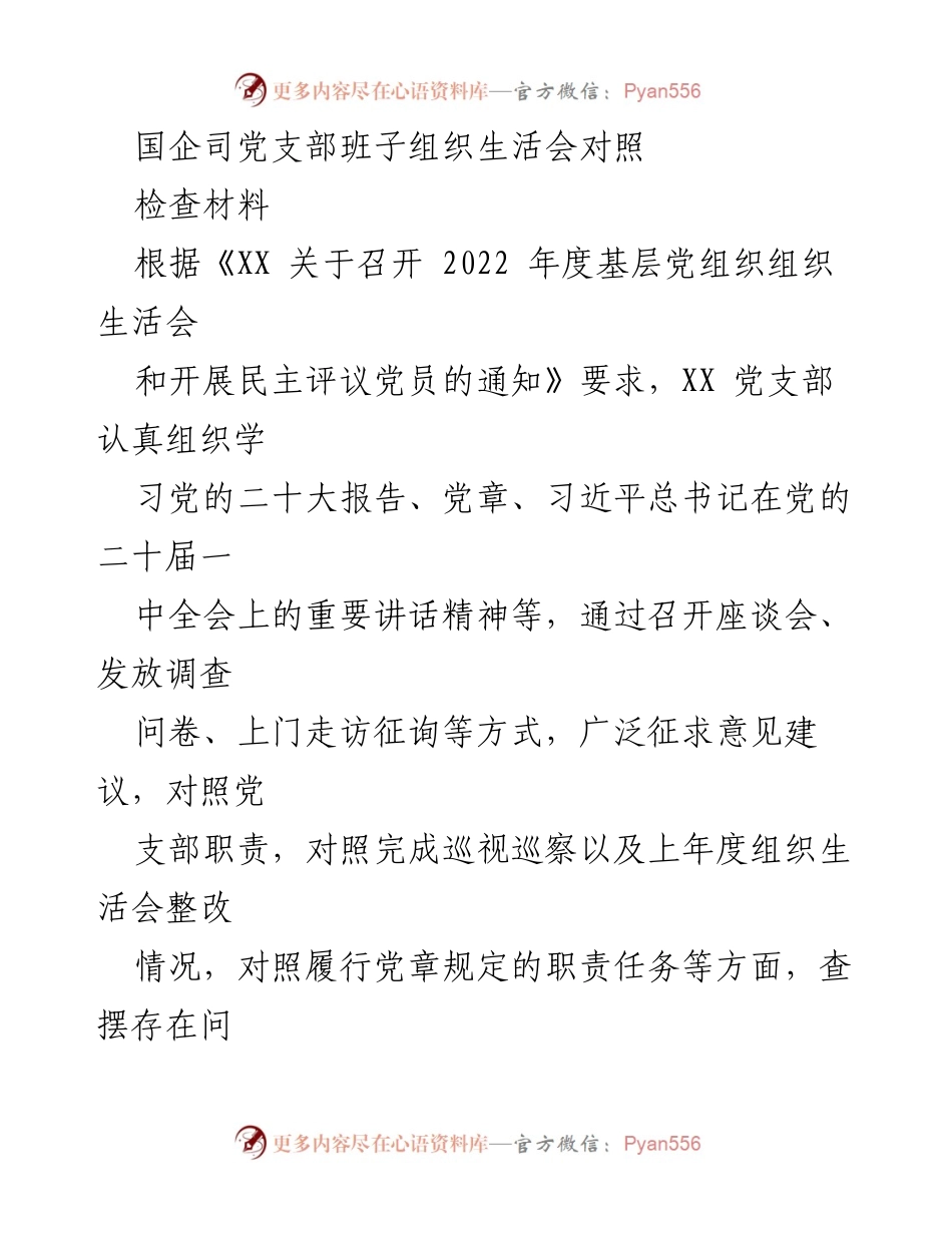 [发言] 党支部组织生活会 - 国企司党支部组织生活会对照检查材料总结.docx_第1页