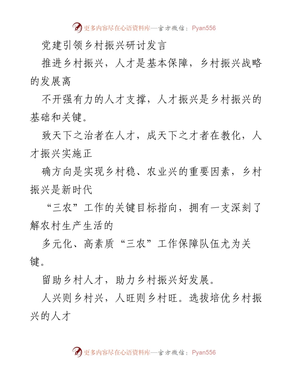 [发言] 党建引领乡村振兴研讨 - 人才振兴：乡村振兴的核心动力.docx_第1页