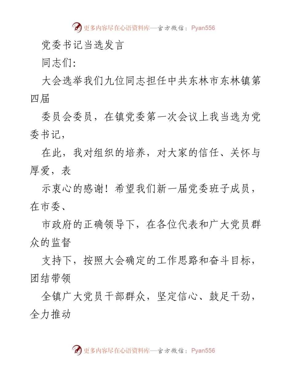 [发言] 党委书记当选会议 - 新任党委书记发言：团结奋进推动东林镇高质量发展.docx_第1页
