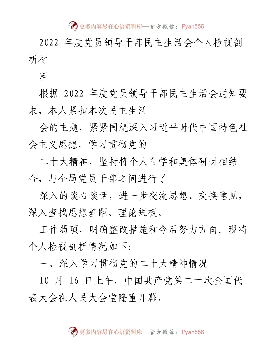 [发言] 党员领导干部民主生活会 - 2022年度个人检视剖析报告.docx_第1页