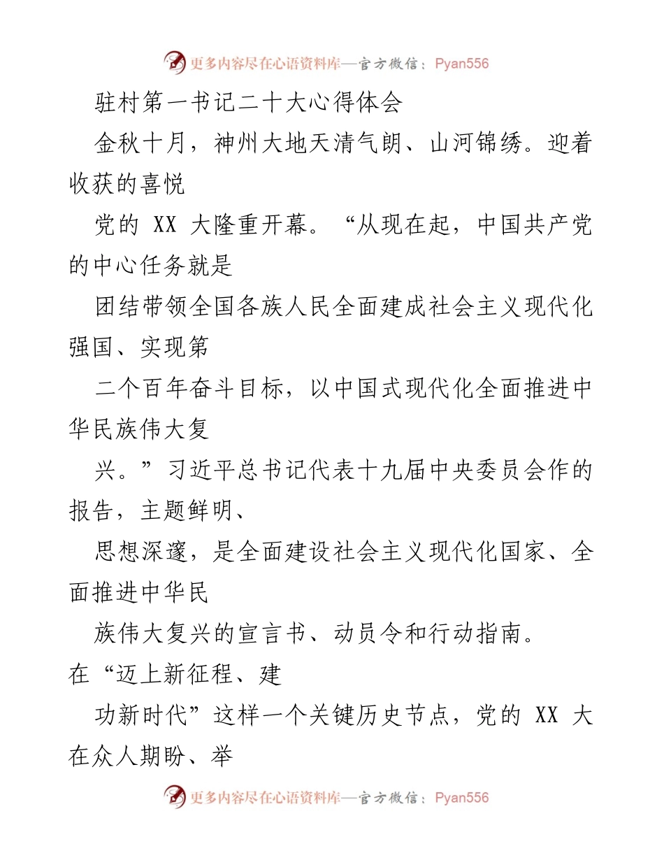 [发言] 党的大会 - 驻村第一书记学习贯彻党的 XX 大精神心得体会.docx_第1页
