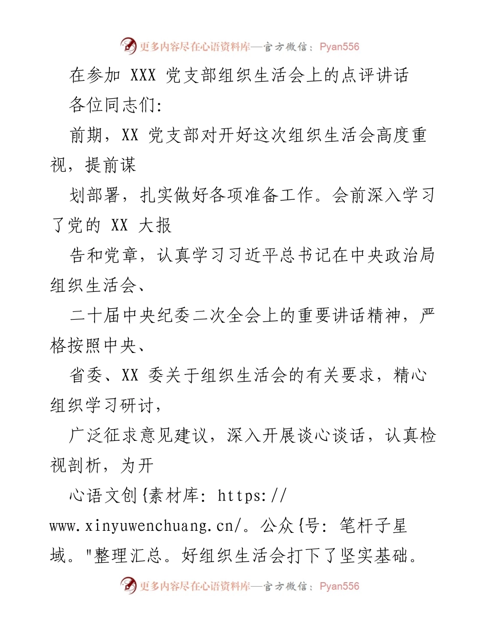 [发言] 党支部组织生活会 - 在党支部组织生活会上的点评与总结.docx_第1页