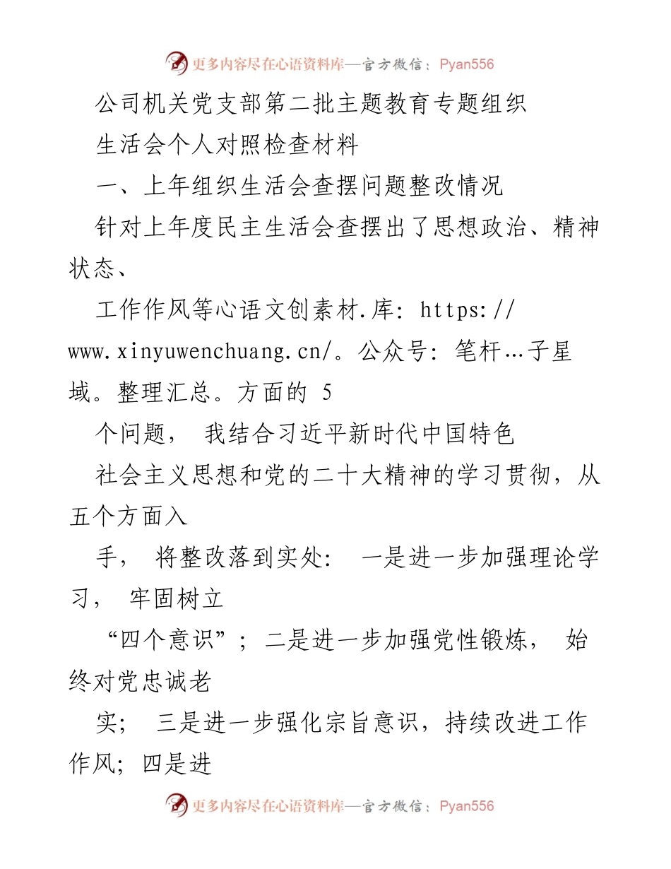 [发言] 党支部主题教育生活会 - 个人对照检查与整改落实情况总结.docx_第1页