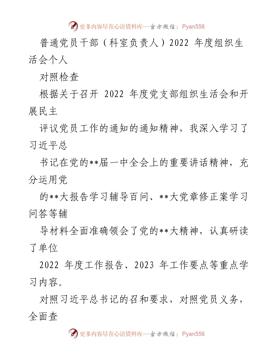 [发言] 党支部组织生活会 - 2022年度党员干部对照检查总结.docx_第1页
