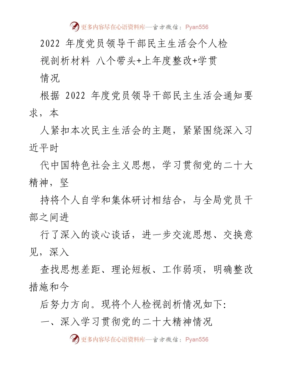 [发言] 党员领导干部民主生活会 - 2022年度党员领导干部民主生活会个人检视剖析报告.docx_第1页