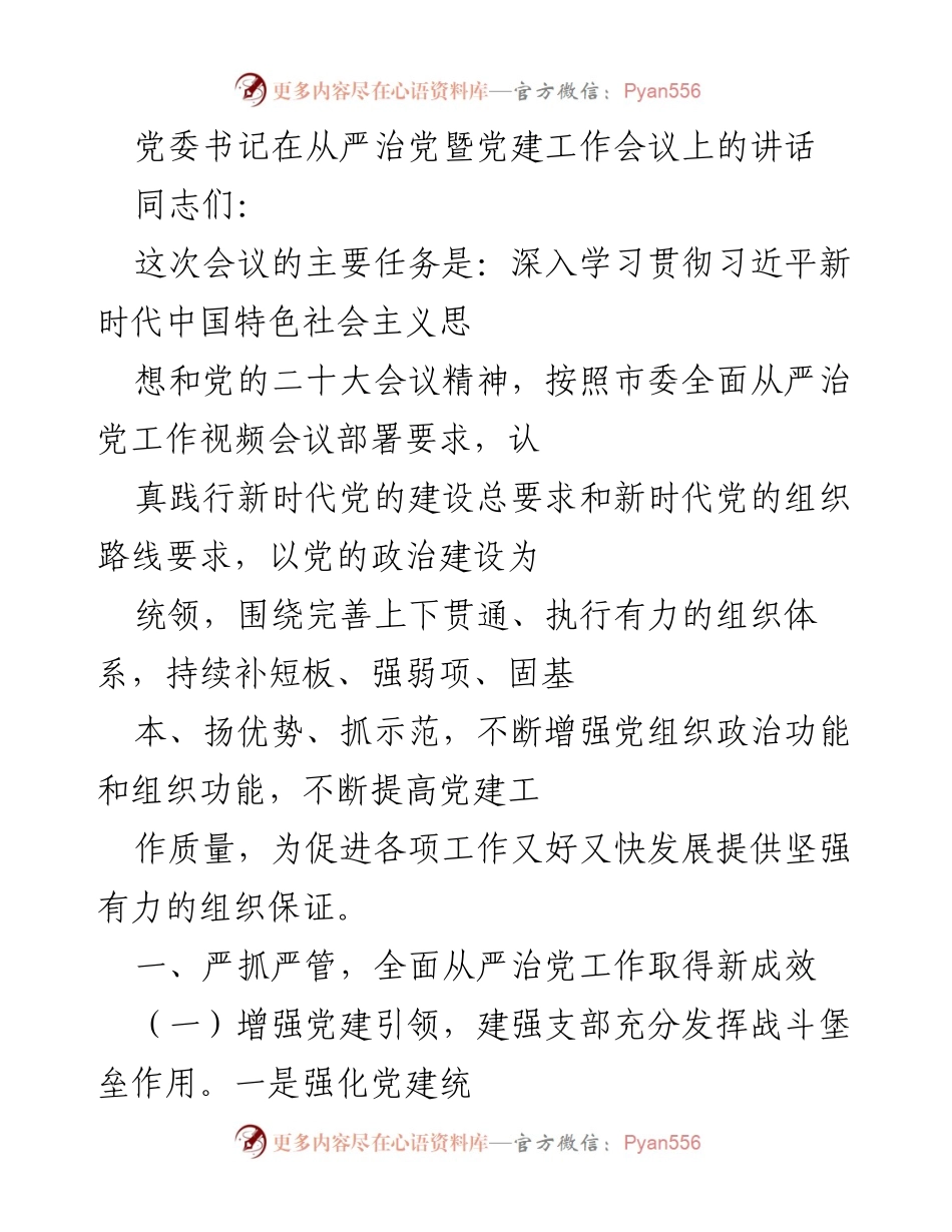 [发言] 党建工作会议 - 深入学习贯彻党的二十大精神，推动全面从严治党新成效.docx_第1页