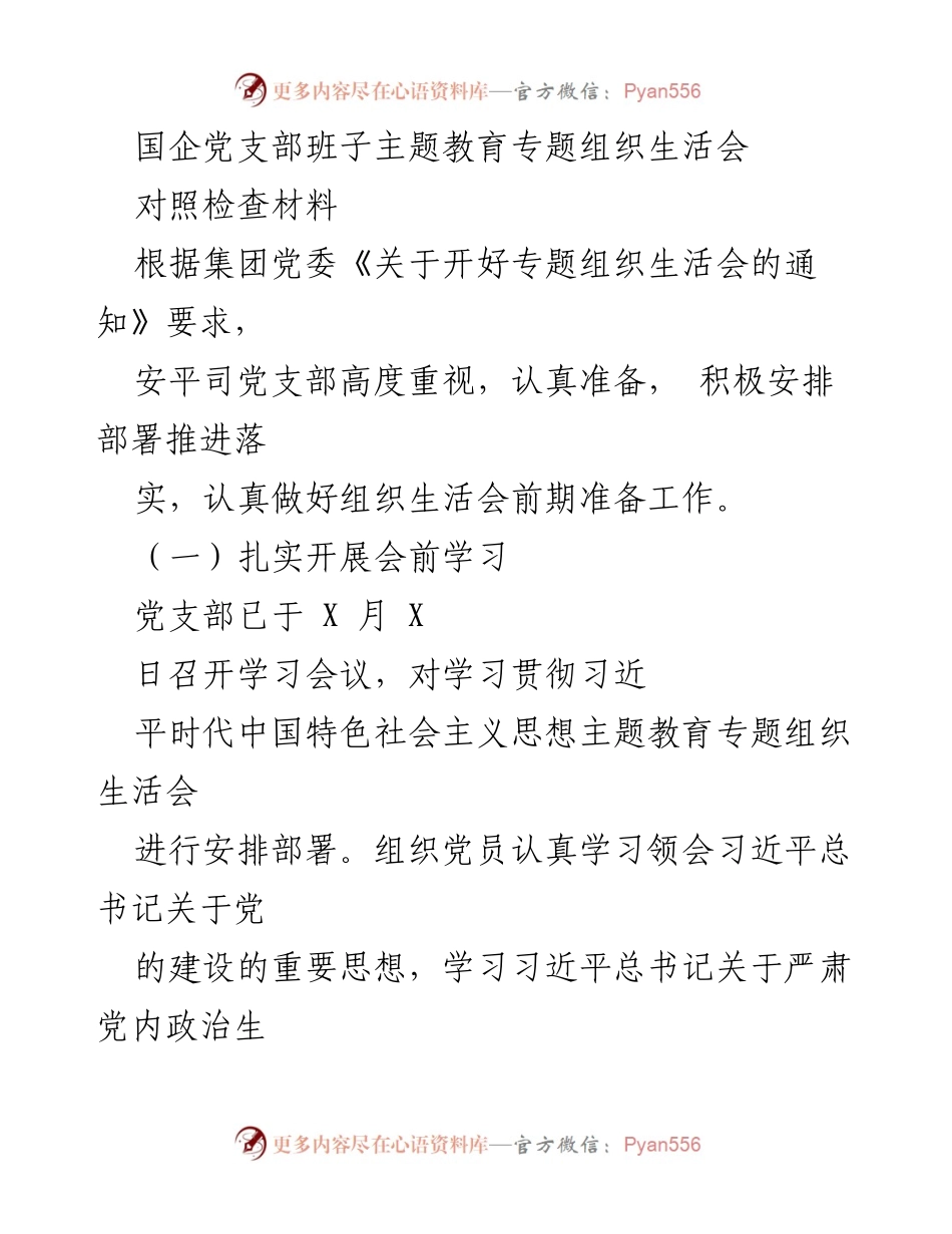 [发言] 党支部专题组织生活会 - 国企党支部班子主题教育组织生活会对照检查材料.docx_第1页
