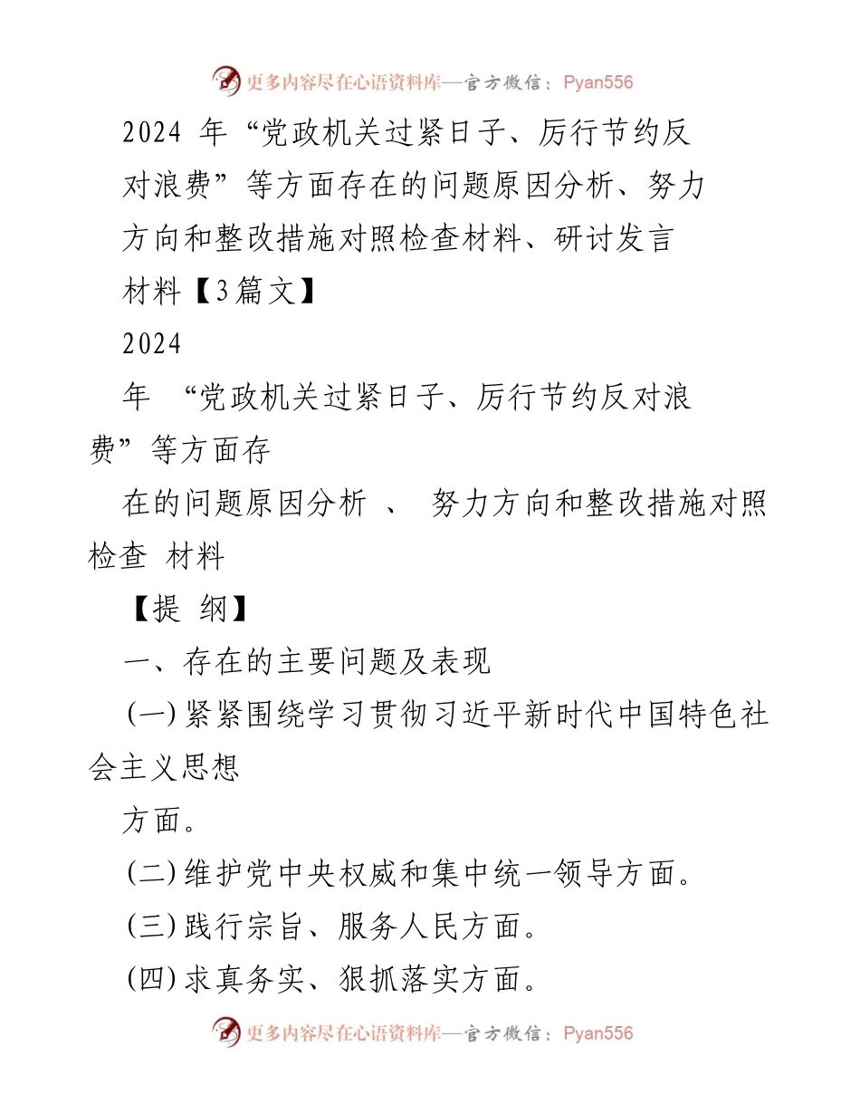 [发言] 党政机关会议 - 2024年党政机关厉行节约与反对浪费问题分析与整改措施探讨.docx_第1页
