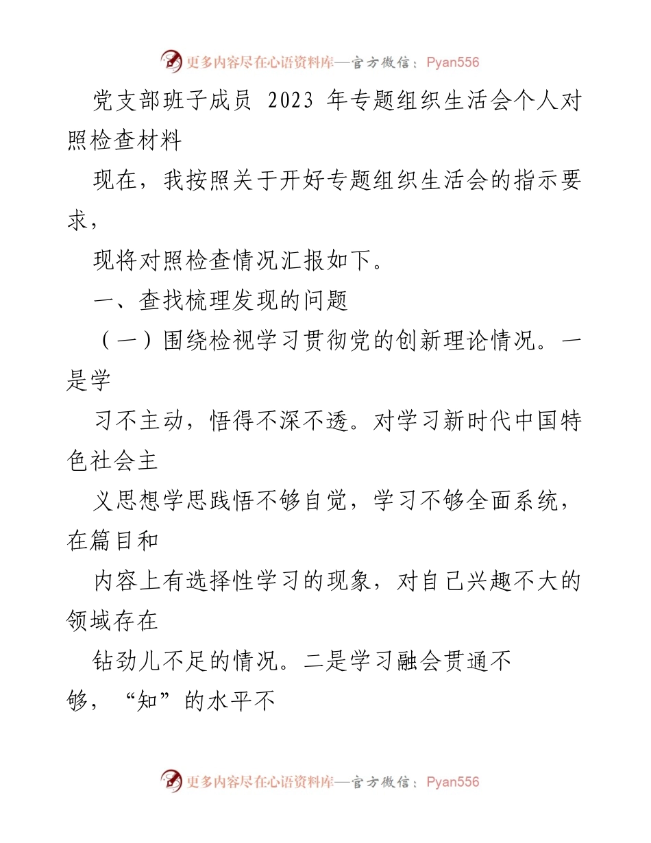[发言] 党支部专题组织生活会 - 2023年党支部班子成员对照检查汇报.docx_第1页
