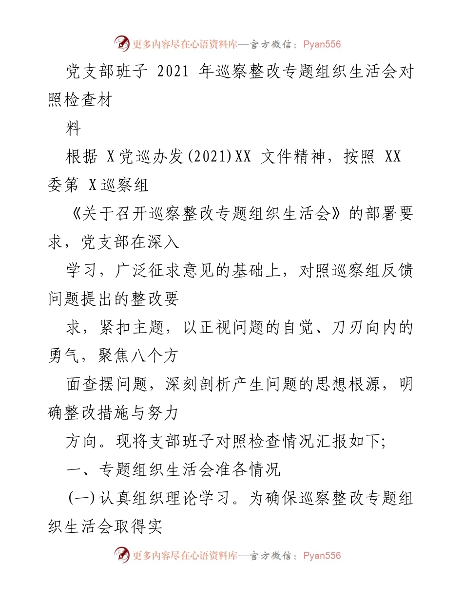 [发言] 党支部巡察整改专题组织生活会 - 党支部班子巡察整改对照检查情况汇报.docx_第1页