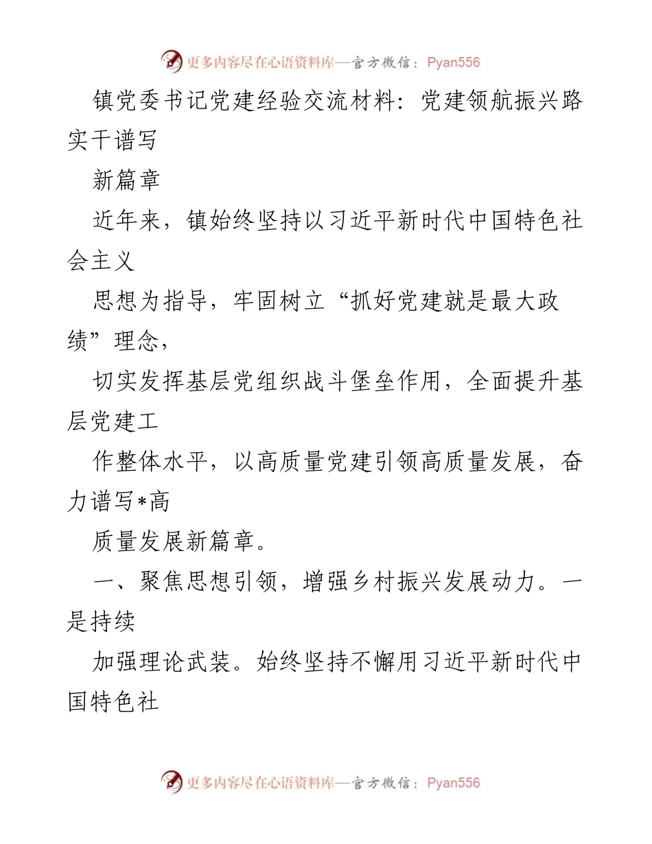 [发言] 党建经验交流会 - 党建领航，助力乡村振兴新篇章.docx_第1页