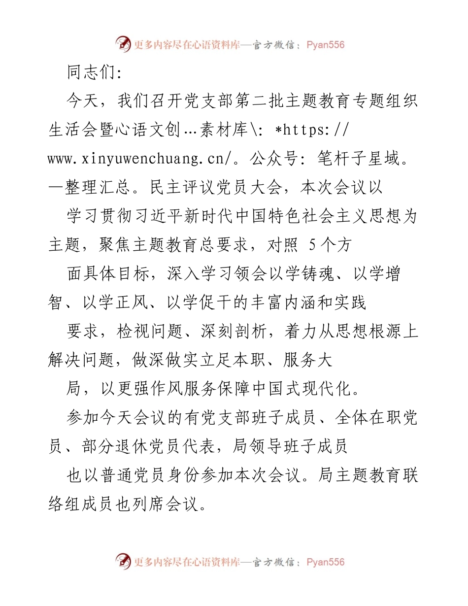 [发言] 党支部会议 - 深入学习习近平新时代中国特色社会主义思想，推动主题教育走深走实.docx_第1页