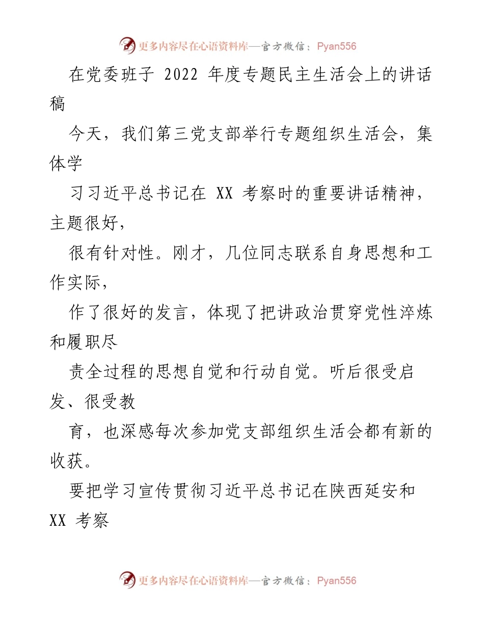[发言] 党委班子2022年度专题民主生活会 - 深入学习贯彻习近平总书记重要讲话精神，坚定理想信念，奋力书写新时代答卷.docx_第1页