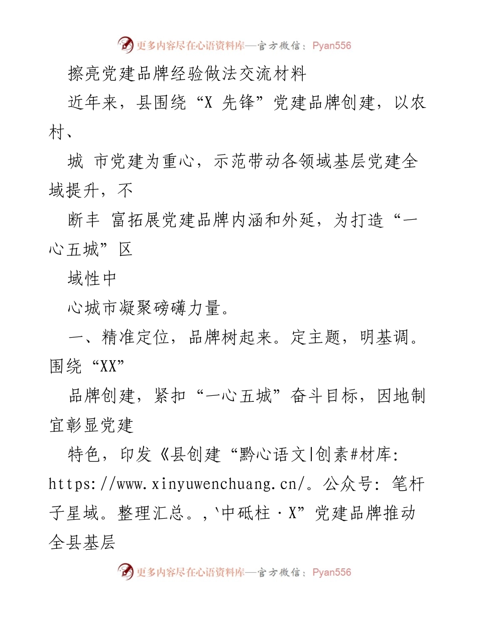 [发言] 党建品牌经验交流会 - 擦亮“X 先锋”党建品牌，推动全域基层党建提升.docx_第1页