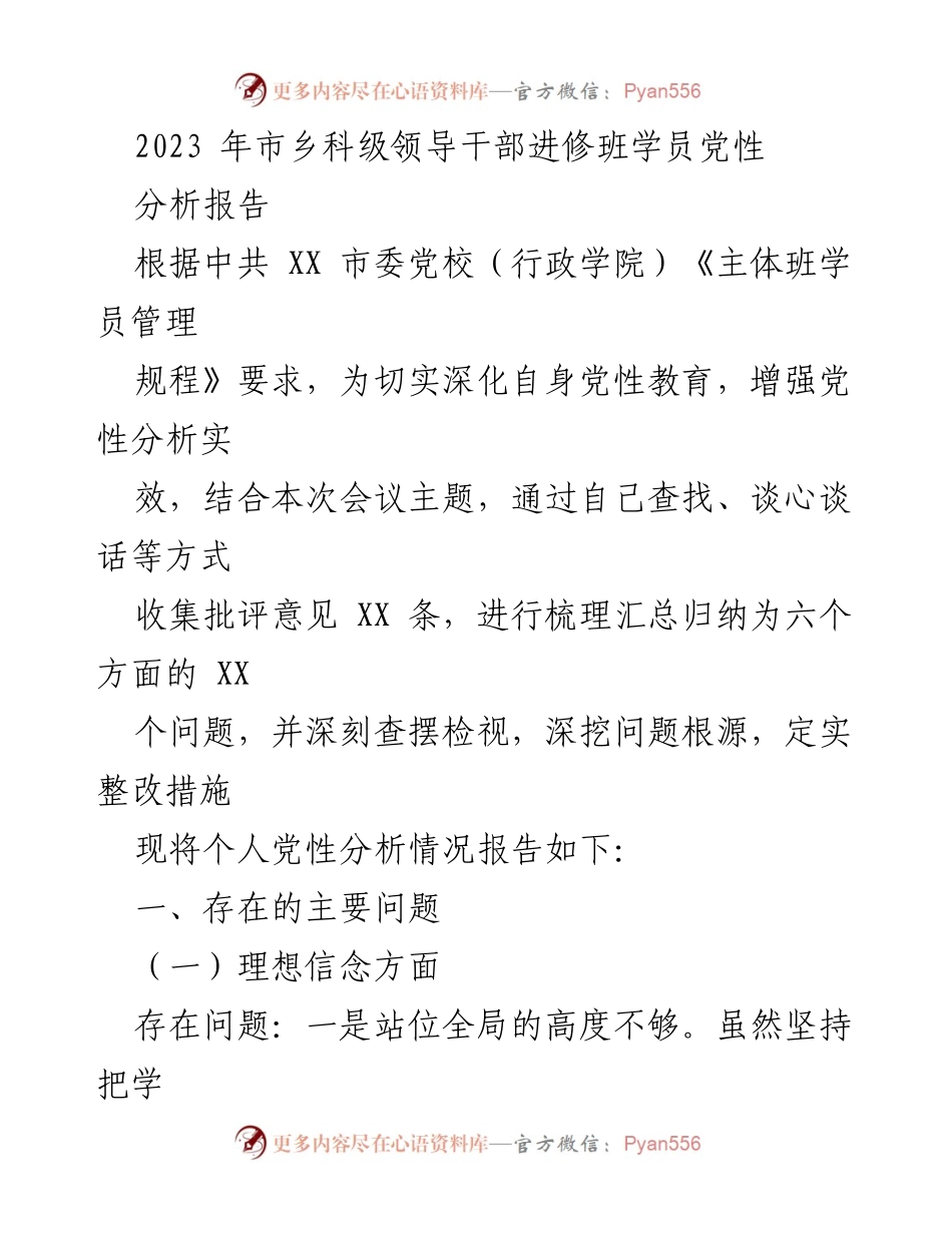 [发言] 党性教育会议 - 2023年市乡科级领导干部党性分析报告.docx_第1页